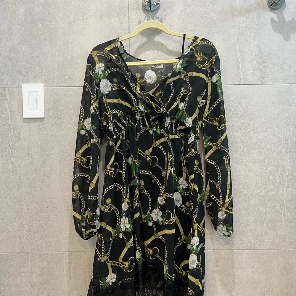 Liu Jo Green and Black Dress with Floral and Chain Design. Slip Dress under